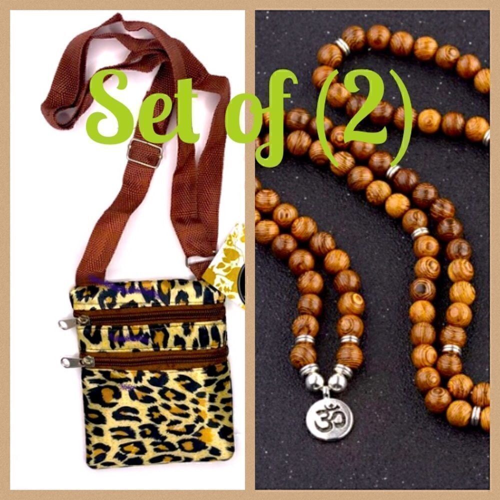 Set of 2 Tibetan Wood Meditation Beads & Cellphone Keys Purse Shoulder Bag NWT